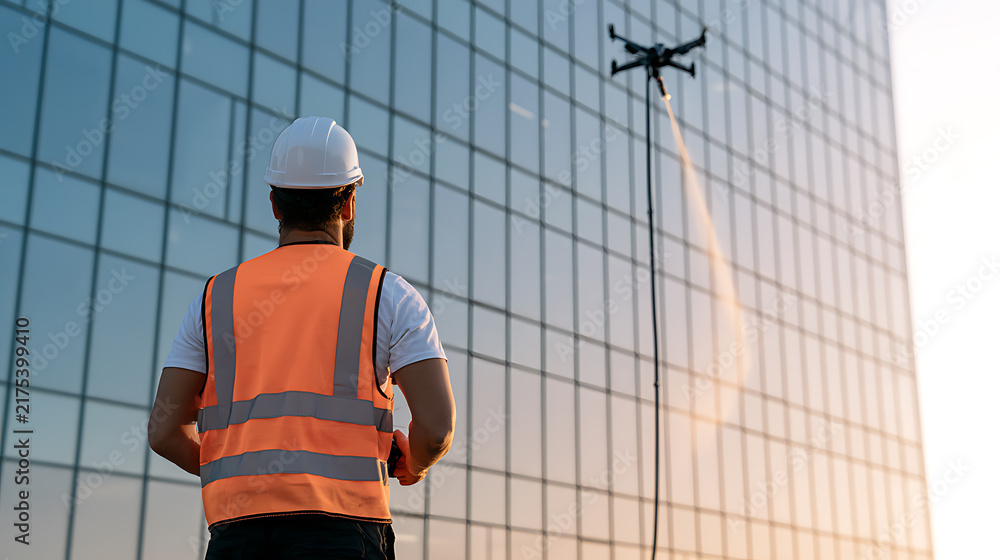 Opérateur en équipement de sécurité supervisant un drone nettoyant une tour vitrée